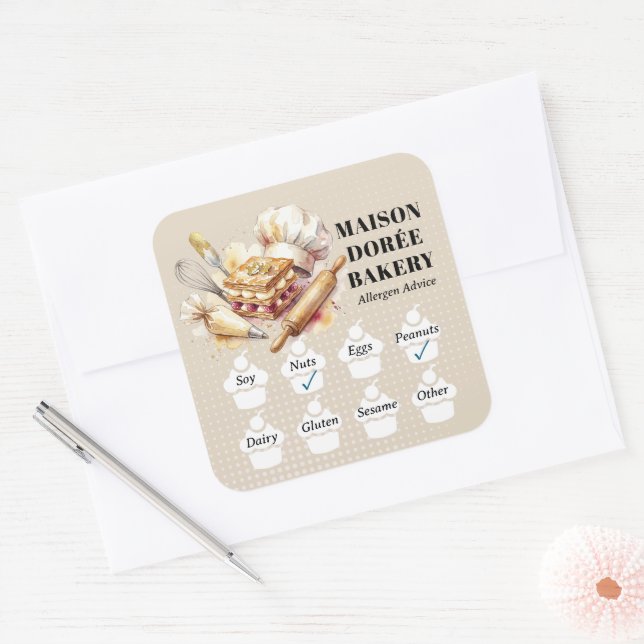 Adesivo Quadrado Food Safety Allergy Alert Bakery Pastry Chef Gold (Envelope)