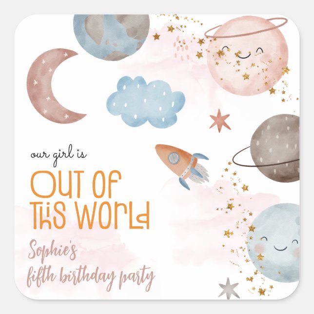 Adesivo Quadrado Fora deste aniversário de criança de aventura espa (Frente)