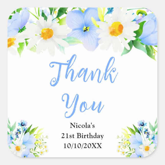 Adesivo Quadrado Forget-Me-Nots Daisies Birthday Thank You (Frente)