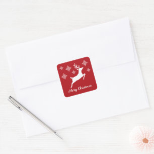 Adesivo Quadrado Forma de Veado Branco em Vermelho com Flocos de Ne