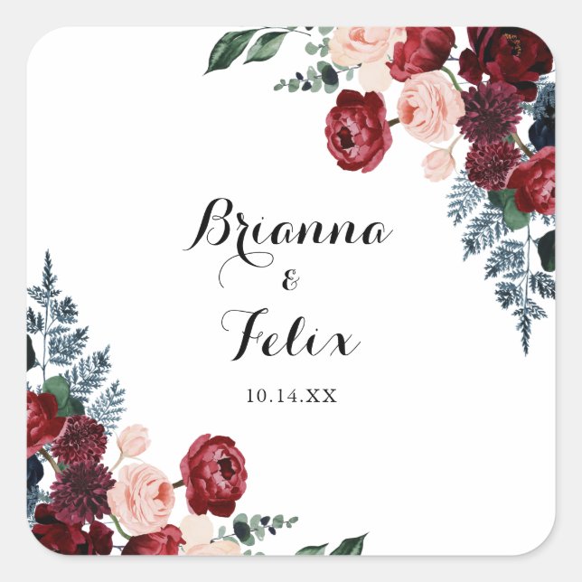 Adesivo Quadrado Fósseis de Envelope Floral Marinho Rosa-Brilhante (Frente)