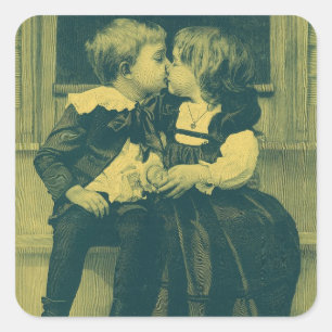 Adesivo Quadrado Foto Antiga de Amor e Romance, Crianças Beijando