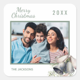 Adesivo Quadrado Foto da família de Natal, sinos verdes brancos