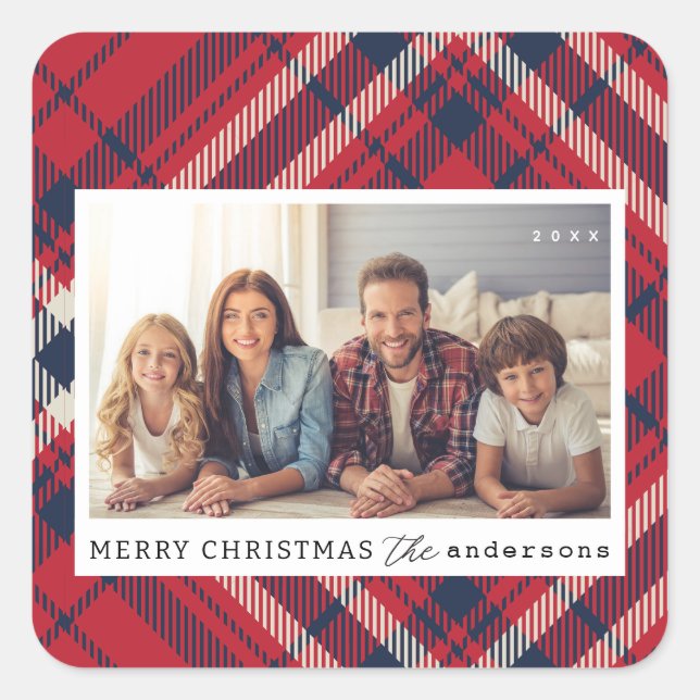 Adesivo Quadrado Foto da família personalizada de Natal feliz da Xa (Frente)