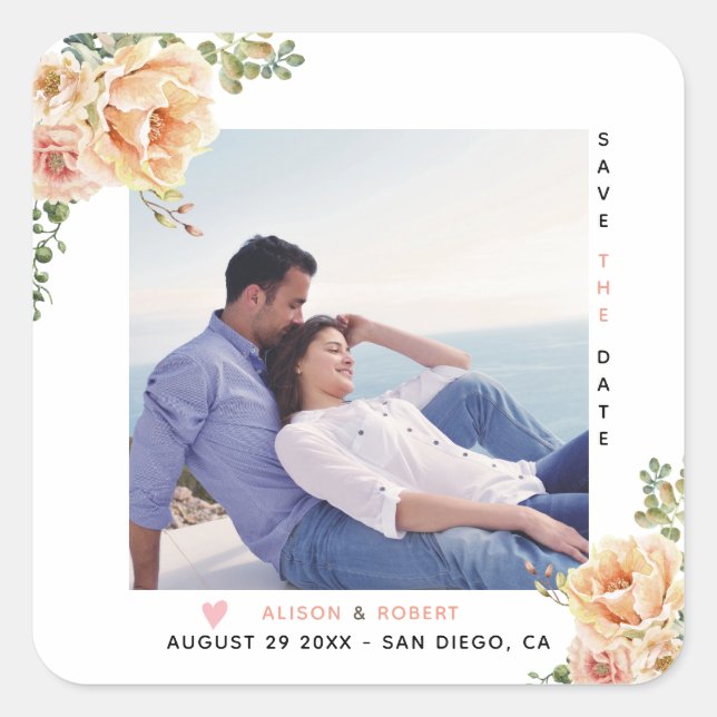 Adesivo Quadrado Foto das flores de aquarela de pêssego (Frente)