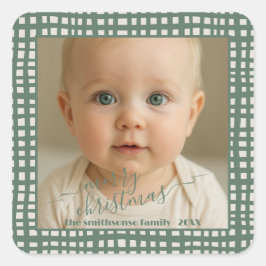 Adesivo Quadrado Foto de bebê de Natal Poinsettia Sage Verde Marfim