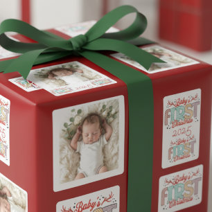 Adesivo Quadrado Foto de Bebê Primeiro Natal Vermelho Personalizado