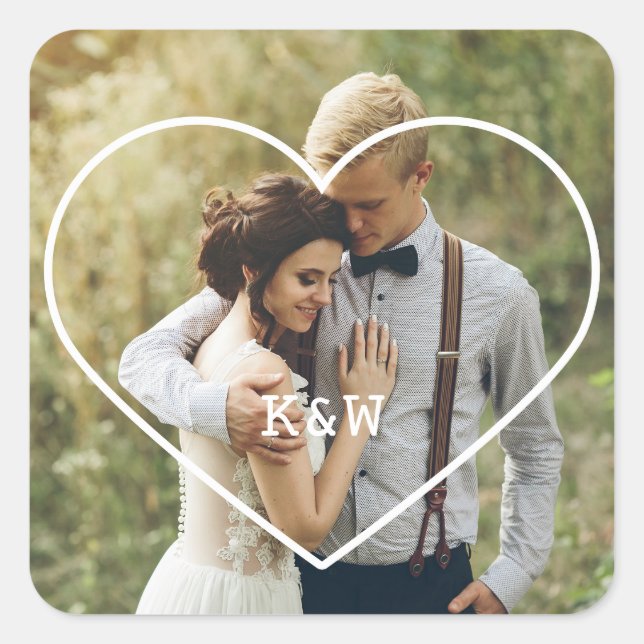 Adesivo Quadrado Foto de Casamento Monogramada, doce quadro cardíac (Frente)
