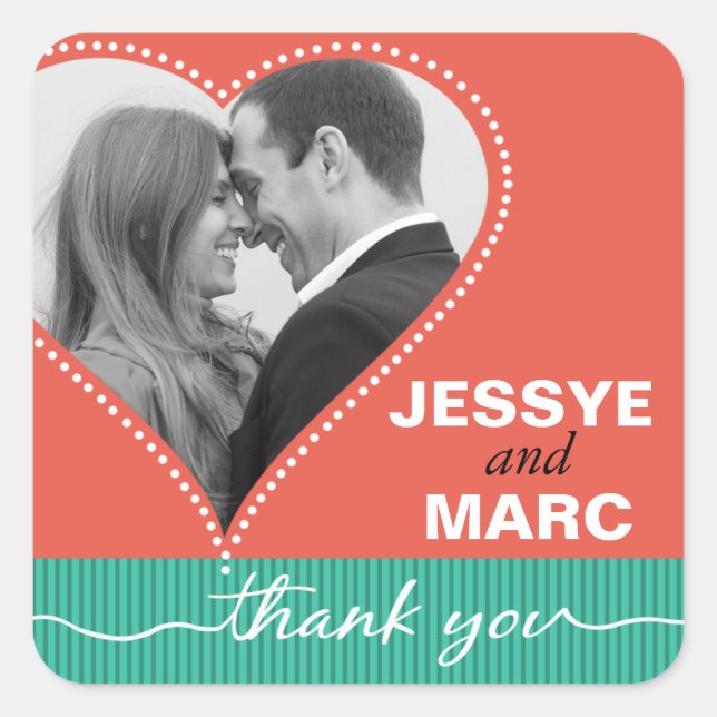 Adesivo Quadrado Foto de Coração Pontilhada Obrigado jade de Coral (Frente)