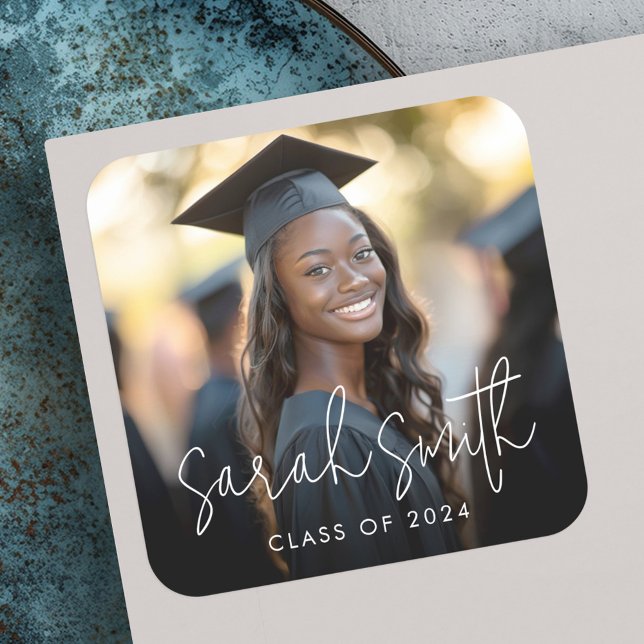 Adesivo Quadrado foto de formatura com fonte moderna (Modern script photo graduation square sticker)