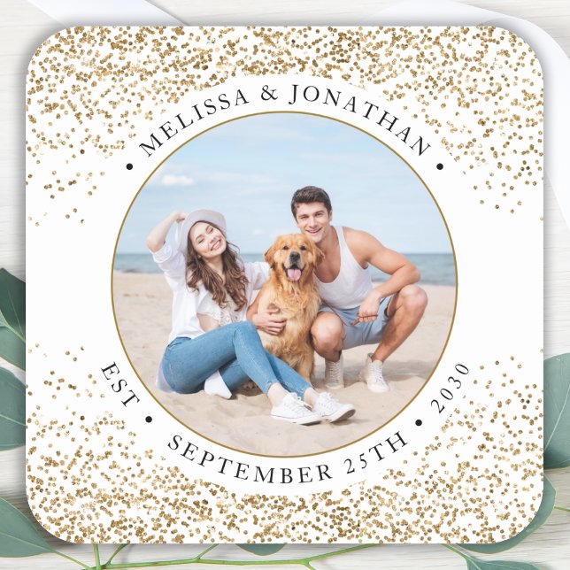 Adesivo Quadrado Foto de Glitter Dourada Personalizada para Casamen (Criador carregado)