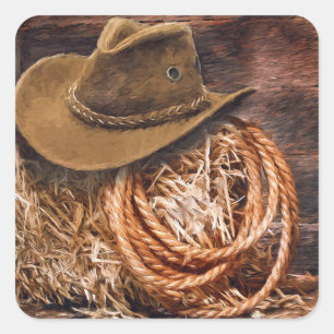 Adesivo Quadrado Foto de Hat Rope Hay do Rustic Cowboy