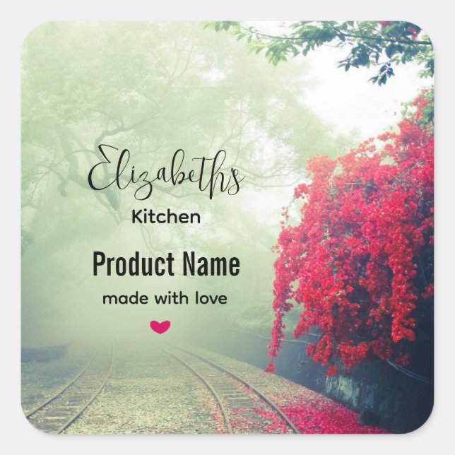 Adesivo Quadrado Foto de Misty Train Tracks & Red Tree - Cozinha (Frente)