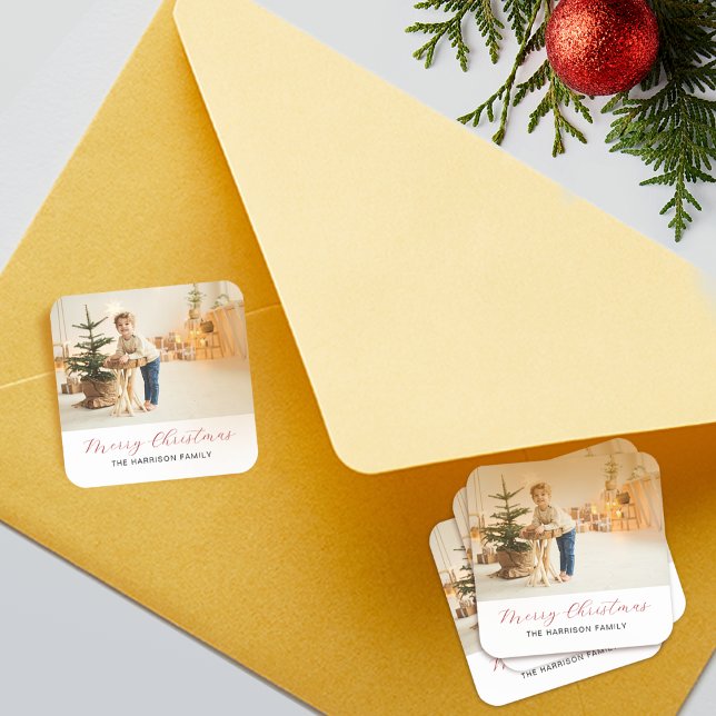 Adesivo Quadrado Foto de Natal com Letra Moderna (Modern Script Merry Christmas Photo Square Sticker)