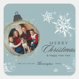 Adesivo Quadrado Foto de Natal da Família de Ornamento Azul Floco d