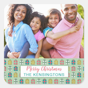 Adesivo Quadrado Foto de Natal do Padrão de Teal Cor-de-Rosa Mint