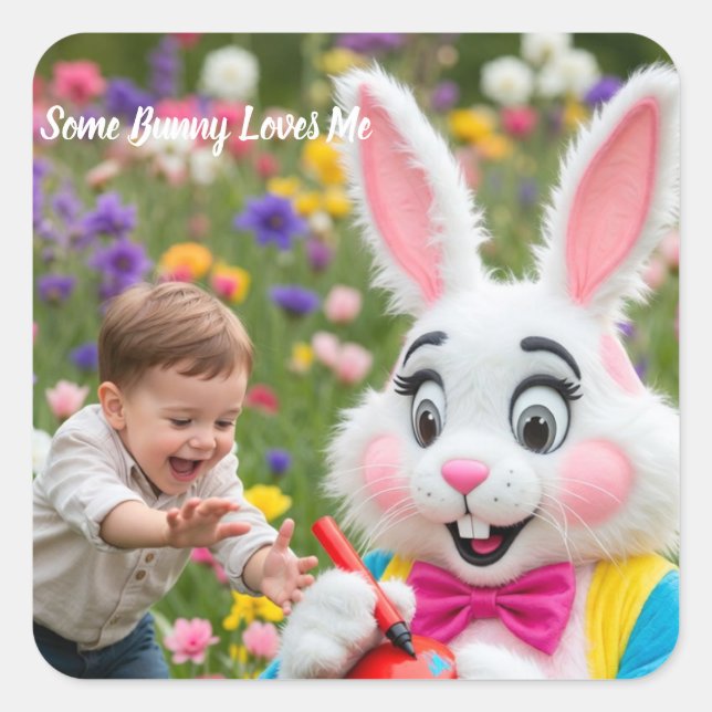 Adesivo Quadrado Foto de Páscoa do Coelho e Criança (Frente)