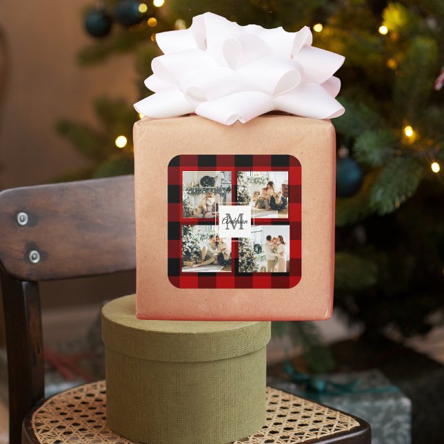 Adesivo Quadrado Foto de Xadrez e Colagem Red Buffalo com Inicial (Criador carregado)