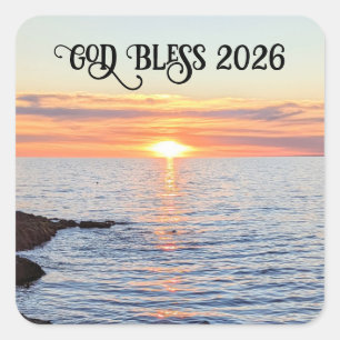 Adesivo Quadrado Foto do pôr do sol dourado do Ano Novo 2026 Deus A