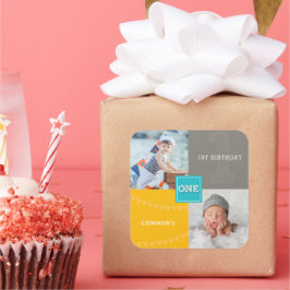 Adesivo Quadrado Foto do primeiro aniversario Blue Square One Baby 