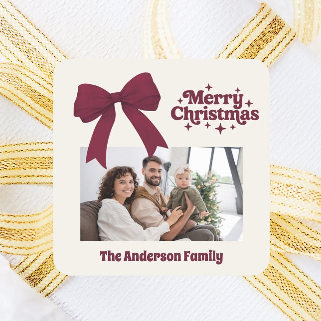 Adesivo Quadrado Foto do retrato de arco bege preto Feliz Natal (Criador carregado)