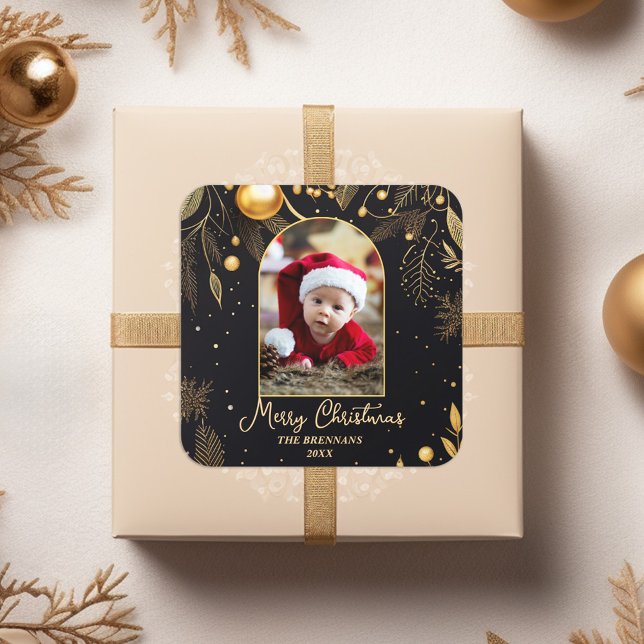 Adesivo Quadrado Foto Dourada Elegante Natal Um (Christmas One Photo Gold Elegant Square Sticker)