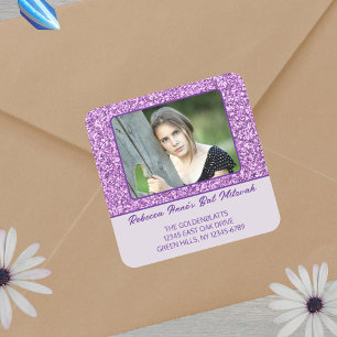 Adesivo Quadrado Foto Elegante Glam Purple Para Seu Bat Mitzvah