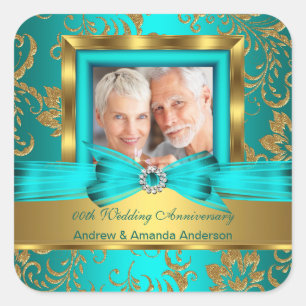 Adesivo Quadrado Foto Floral Teal Dourado Aniversário de 50 Anos de