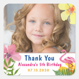 Adesivo Quadrado Foto Menina de Aniversário Flamingo Agradecimento