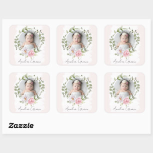 Adesivo Quadrado Foto Personalizada de Bebê Menina com Blush Floral
