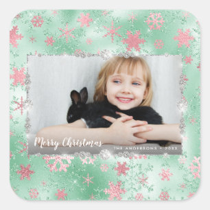 Adesivo Quadrado Foto personalizada de flocos de neve rosa verde el