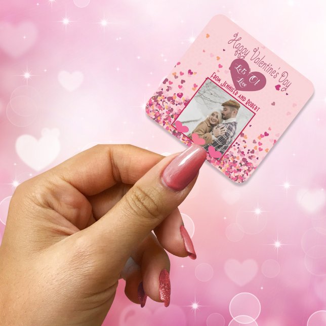 Adesivo Quadrado Foto Personalizada do Dia dos Namorados Corações R (Valentine Day Personalized Photo Pink Hearts cute Square Sticker)