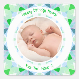 Adesivo Quadrado Foto Personalizada Nome Idade Azul Verde Aniversár