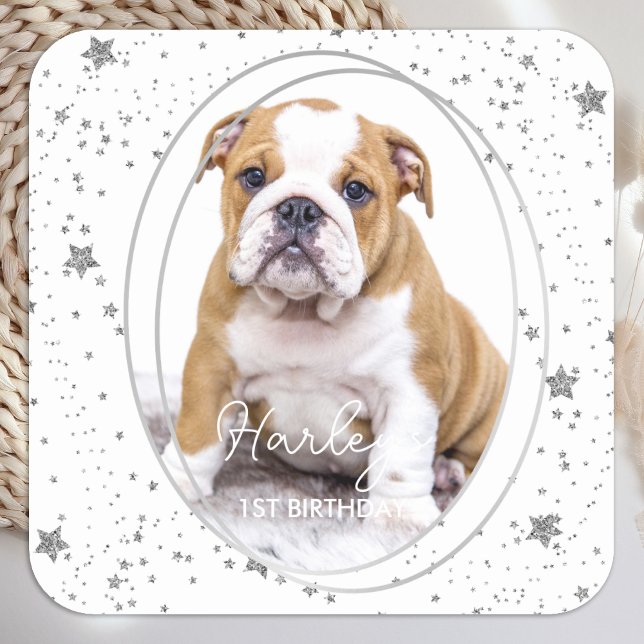 Adesivo Quadrado Foto Personalizada: Pet Dog Birthday Silver Glitte (Criador carregado)