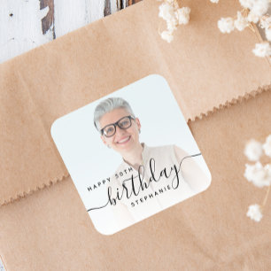 Adesivo Quadrado Foto Personalizada Script Preto Aniversário de 50 