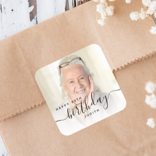Adesivo Quadrado Foto Personalizada Script Preto Aniversário de 80 