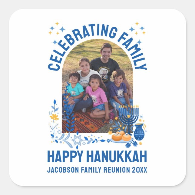 Adesivo Quadrado Foto personalizável de REUNIÃO DA FAMÍLIA HANUKKAH (Frente)
