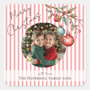 Adesivo Quadrado Foto rosa Stripes e ornamentos Felizes Natal
