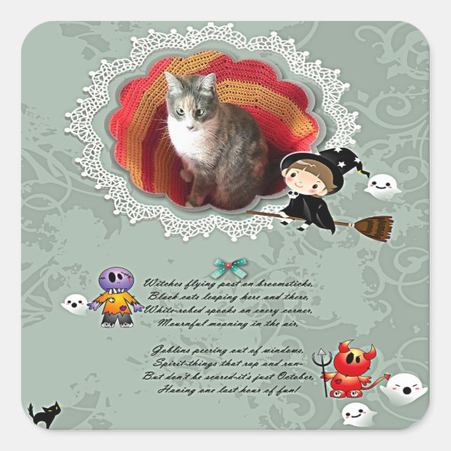 Adesivo Quadrado Fotografia com Bruxa, Monstros, Fantasma, Gato (Frente)
