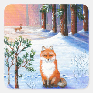 Adesivo Quadrado Fox Winter Cartoon Creationarts