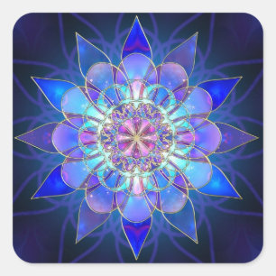 Adesivo Quadrado Fractal azul da mandala da flor