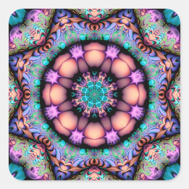 Adesivo Quadrado Fractal Mandala Floral Psicodélico (Frente)