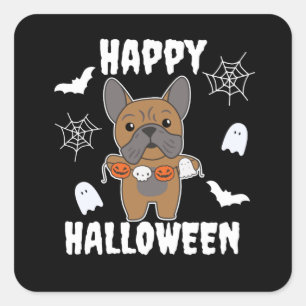 Adesivo Quadrado Francês Buldogue Feliz Cachorro de Halloween