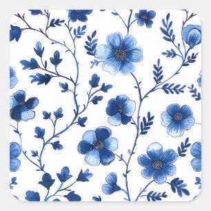 Adesivo Quadrado Francês Cottagecore Azul Padrão Floral Tecido