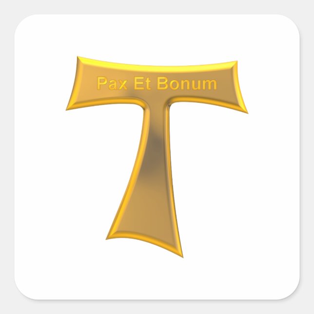 Adesivo Quadrado Franciscan Tau Cross Pax Et Bonum Dourado Metálico (Frente)