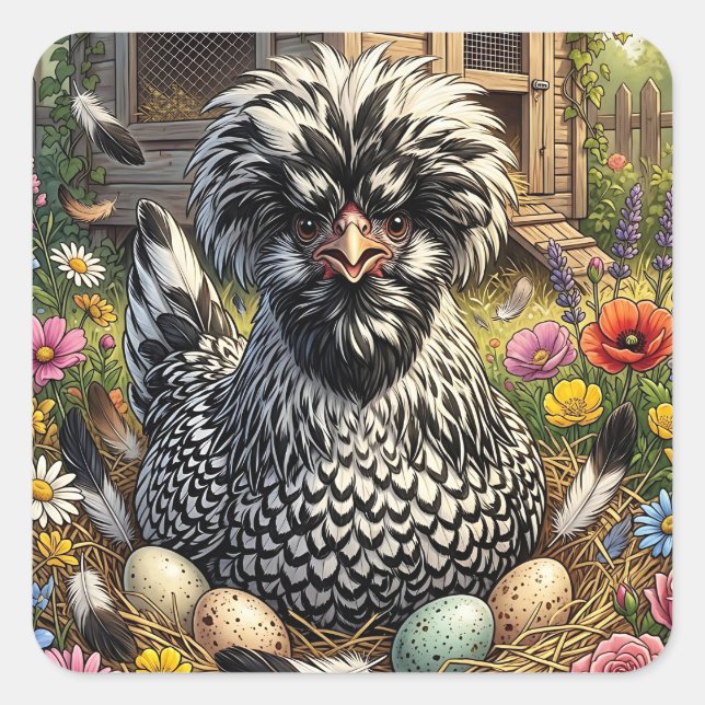 Adesivo Quadrado Frango Polonês Preto e Branco Fofo (Frente)