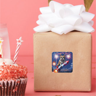 Adesivo Quadrado Französische Bulldogge Neujahr lustig Rakete