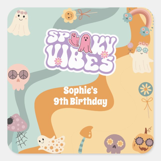 Adesivo Quadrado Frascos de Spooky retro aniversário de criança de  (Frente)