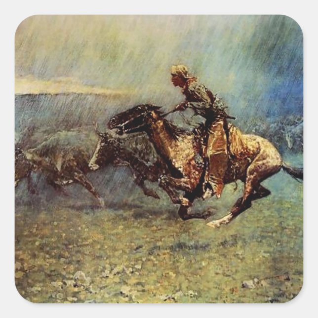 Adesivo Quadrado Frederick Remington Western Art "The Stampede" (Frente)