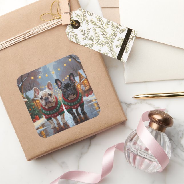 Adesivo Quadrado French Bulldogs Christmas Snow Holiday (Presentear)